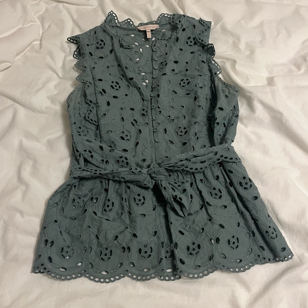 Rebecca Taylor Sage Green Eyelet Sleeveless Tie-Waist Top